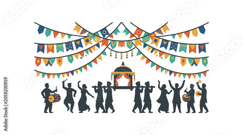Billede på lærred Silhouette illustration of a traditional Indian wedding procession with dancers and musicians
