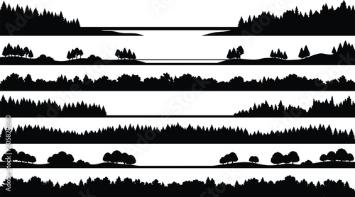 The keywords focus heavily on the panoramic format, the variation in tree types (pines, firs, deciduous bushes), and usage terms like 