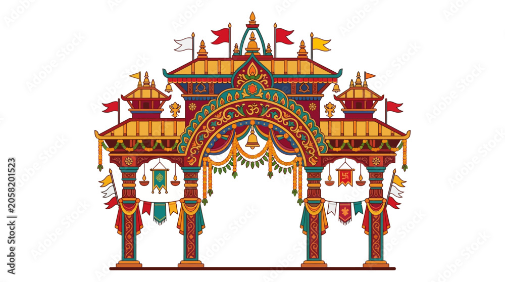 Fototapeta premium Ornate traditional Indian ceremonial archway with festive decorations and flags.
