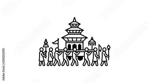 Schilderij op canvas Line art illustration of a traditional religious procession with a pagoda temple carriage