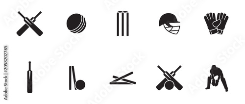 Tableau sur toile Professional cricket sport icons set with bats, balls, wickets, and player silho