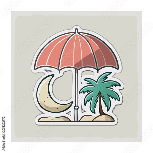 Tropical beach umbrella with palm tree and moon illustration