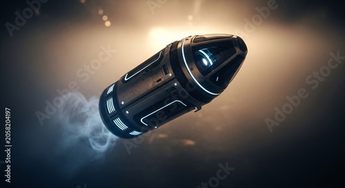 Futuristic Glowing Capsule Speeding Through a Hazy, Dark Atmosphere