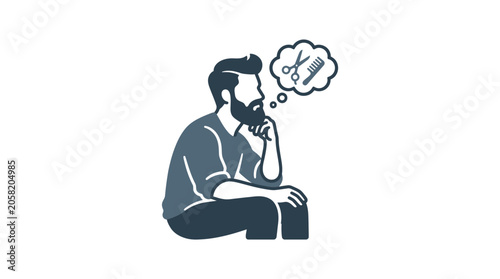 Konstfotografi A bearded man sitting and contemplating a haircut with scissors and a comb