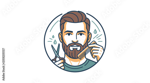 Obraz na plátně Illustration of a stylish bearded man holding barber tools inside a circular frame