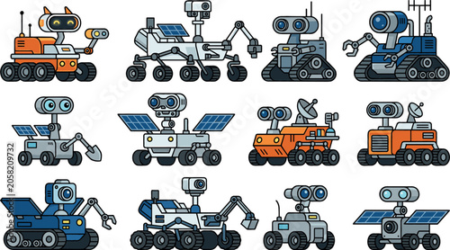 Space mars rover robot vector set featuring cute planetary exploration vehicles with solar panels cameras wheels mechanical arms and futuristic scientific technology elements.