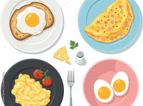 фотографія Delicious breakfast egg dishes vector illustration set with fried egg on toast, ham omelet, scrambled eggs with tomatoes, boiled eggs, and cheese element