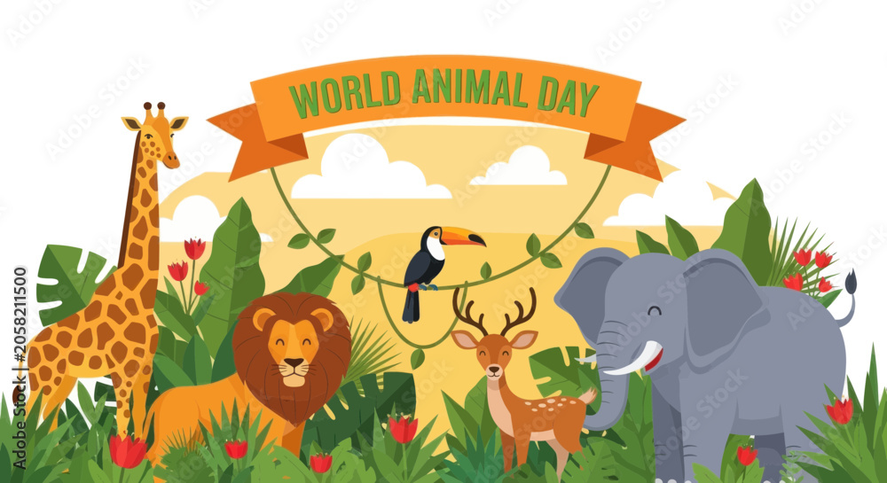 Naklejka premium World animal day celebration banner with wild animals in nature