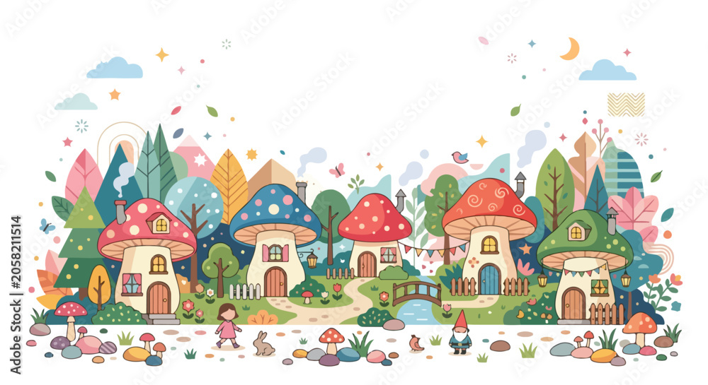 Fototapeta premium A whimsical vector illustration of a magical forest village featuring colorful mushroom houses, a gnome, a girl, and a winding stream under a starry sky.