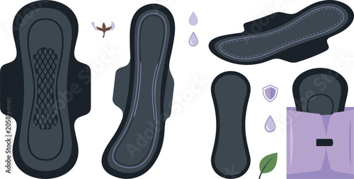 Black sanitary pads vector illustration set featuring organic menstrual pads with wings panty liners drops leaf and packaging for feminine hygiene products.