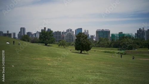 Panoramic landscape view of Olympic Park in Seoul, with a green meadow and city skyline in the background