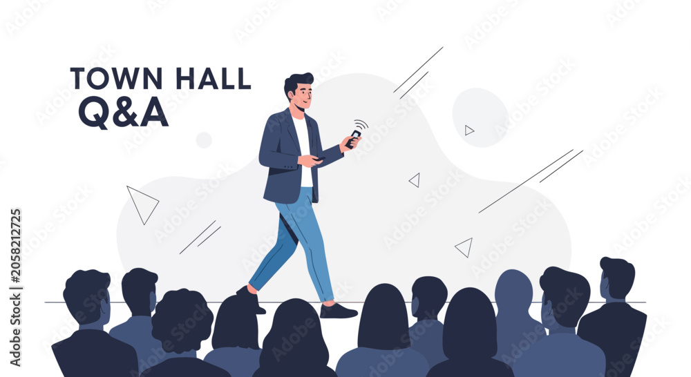 © Harry - Town Hall Q&A: Speaker Interacting with Audience, Modern Flat Illustration