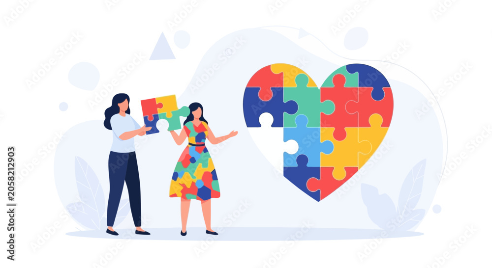 Fototapeta premium Two women assemble a colorful puzzle heart, symbolizing autism awareness, connection, and support.