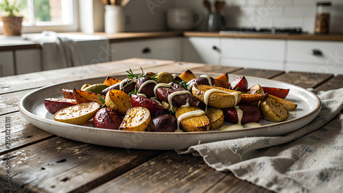 A rustic kitchen setting features a plate of roasted potatoes drizzled with sauce, placed on a wooden table with a cloth napkin.