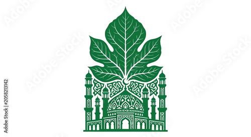 Obraz na płótnie Green Leaf Silhouette Over Intricate Mosque Design White Background