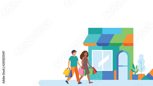 Canvas Print Two women shopping together outside a colorful boutique.