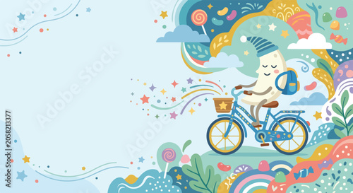 Slika na platnu A whimsical illustration of a crescent moon character wearing a nightcap and riding a bicycle through a dreamlike, candy-filled pastel landscape
