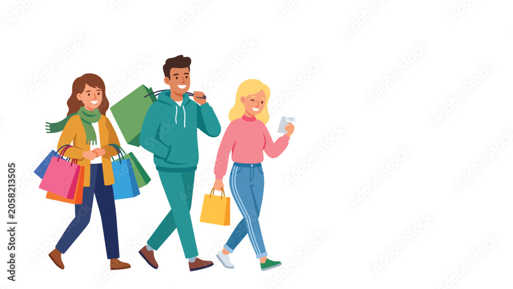 Fototapeta premium Three friends walking and shopping together carrying colorful shopping bags.
