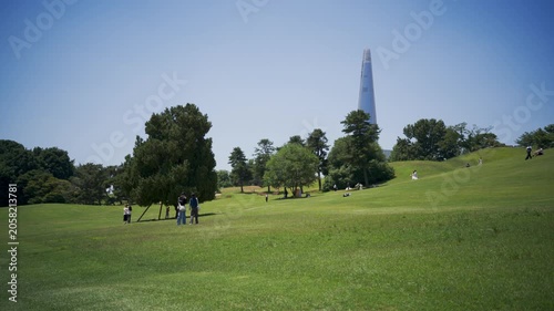 Summer landscape at Olympic Park in Seoul with Lotte World Tower in the background, South Korea