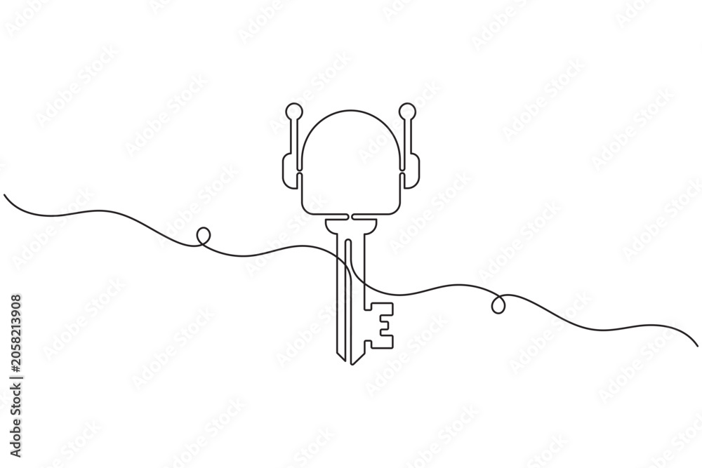 Obraz premium Robot tech key one line art minimalist continuous one line drawing smart ai security access symbol vector illustration