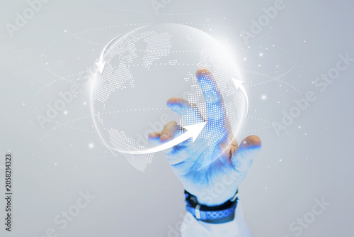 Φωτογραφία Futuristic hand touching a digital globe with glowing interface