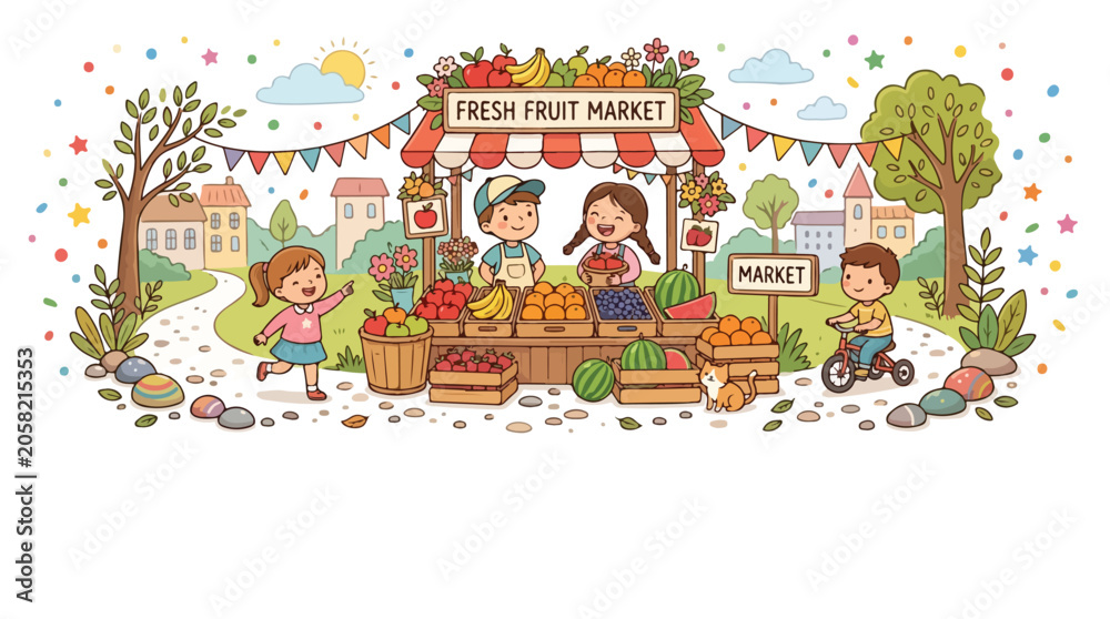 Fototapeta premium A vibrant vector illustration depicts happy children running and playing around a colorful fresh fruit market stall in a scenic outdoor park.