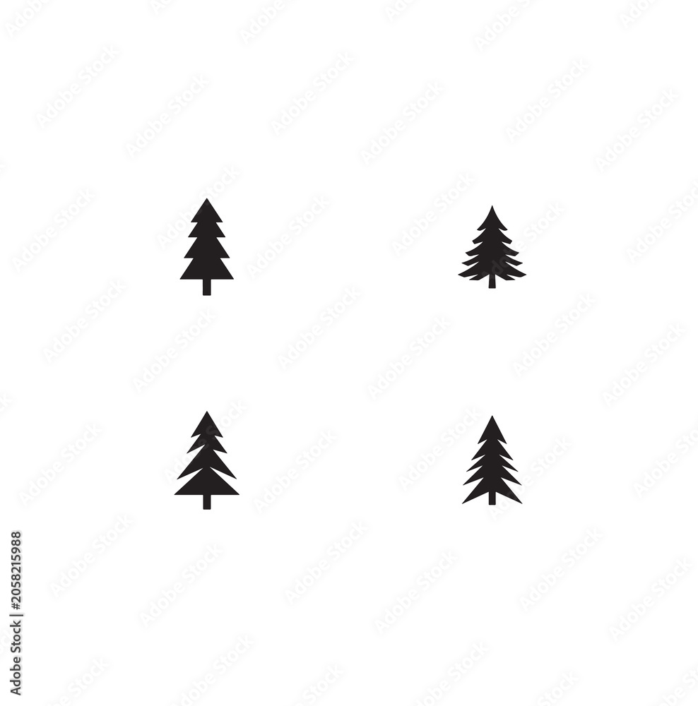 Obraz premium Set of four simple black silhouettes of pine trees on white background.