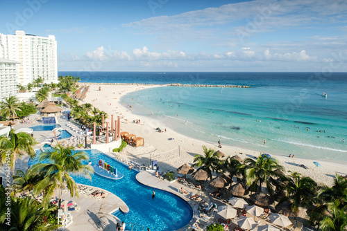 Caribbean beach scenery at a hotel resort in Cancun, Mexico