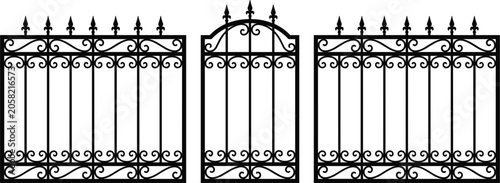 Wrought iron fence and gate vector illustration set with ornate scrolls for vintage property barrier concept