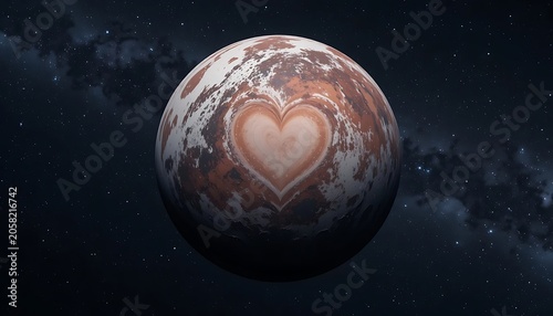 A surreal and romantic view of a mysterious planet in deep space featuring a giant glowing golden heart-shaped formation on its rocky surface set against a starry galaxy nebula background.