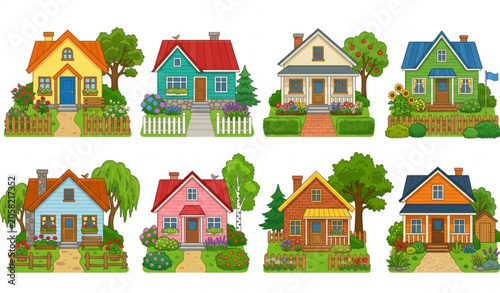 Obraz na płótnie Country house and bungalow collection with green gardens cartoon vector illustra