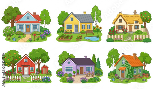 Fotografie Country bungalow vector pack with colorful house facades and green gardens