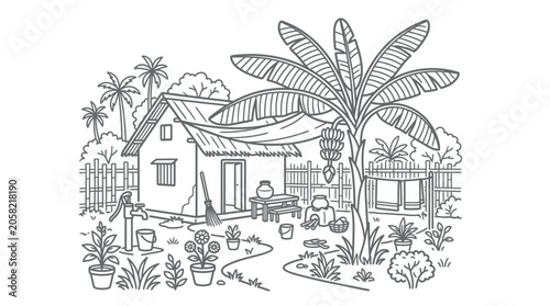 Foto A detailed line art illustration of a cozy rural house surrounded by a lush garden