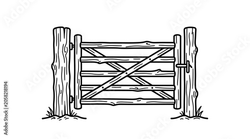 Obraz na plátně Hand drawn illustration of a rustic wooden farm gate between two posts