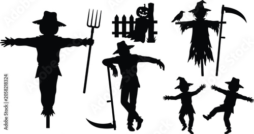 Halloween scarecrow characters with props illustration