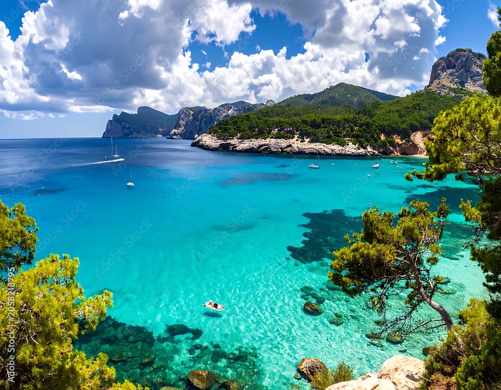Obraz premium A serene turquoise bay with lush greenery and rugged cliffs