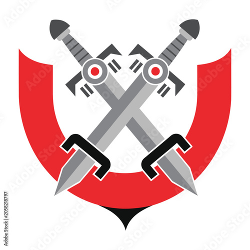 Foto Crossed swords with red shield emblem symbol