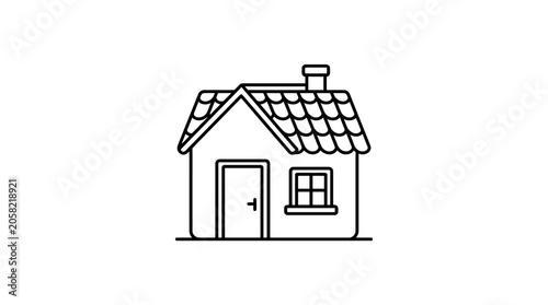 A simple black and white line art illustration of a small cozy house.