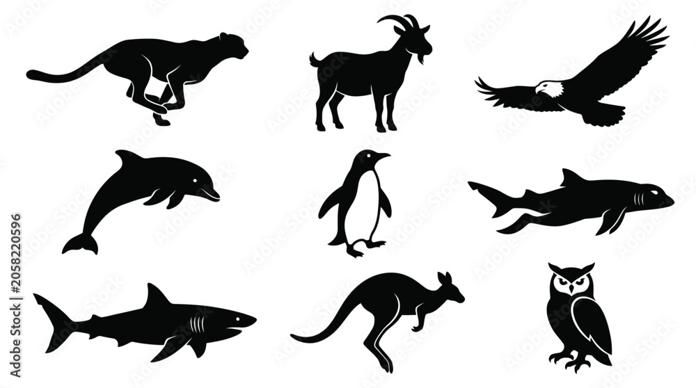 Fototapeta premium Black Animal Silhouette Vector Collection Featuring Nine Unique Designs Including Eagle, Dolphin, Penguin, Cheetah, Kangaroo, Squirrel, Shark, and Goats for Creative and Educational Projects