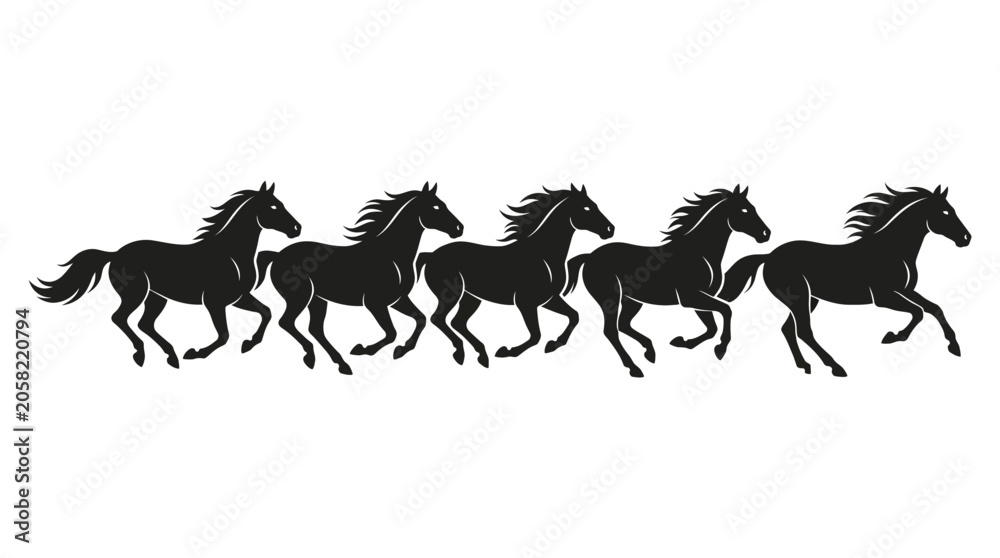 Obraz premium Black Horse Silhouette Vector Collection Featuring Five Unique Designs Depicting Dynamic Galloping Motion and Sequential Running Frames for Creative, Artistic, and Educational Projects