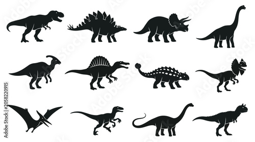 Canvas Print Black Dinosaur Silhouette Vector Collection Featuring Twelve Unique Prehistoric