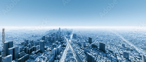 Aerial panoramic view of dense urban metropolis under cool blue-toned sky. The cityscape stretches infinitely
