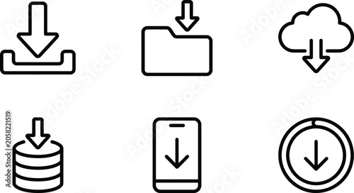 Download Icons Set Showing Arrows Pointing Down to Folders, Boxes, Cloud Storage, Money Stacks, and Circular Download Indicators in Minimalist Line