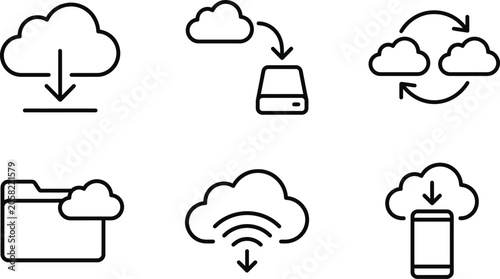 Cloud Icons Illustrating Various Cloud Computing and Data Storage Concepts with Download, Upload, and Synchronization Actions