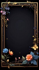 A floral frame with gold accents on a black background