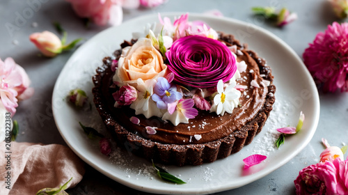 chocolate cake with pink flowers
