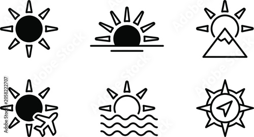Suns with Various Weather and Style Designs, Including Rays, Clouds, Waves, and Geometric Patterns, Depicted in a Minimalist Line Art Style.