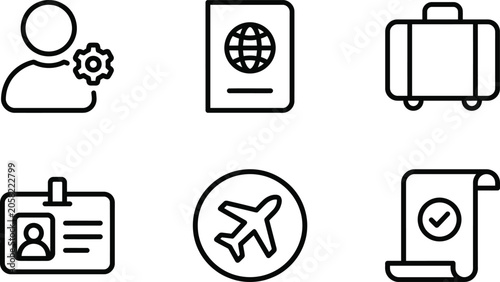 Travel Icons Set Including Passport, Suitcase, Airplane, Visa, and Travel Documents for Digital Design and Web Use
