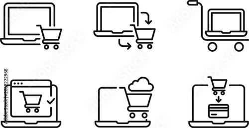 Shopping Cart Icon Set with Minimalist Line Art Style, Multiple Variations for E-Commerce Ui Design and Digital Payment Concepts, Black Outline on