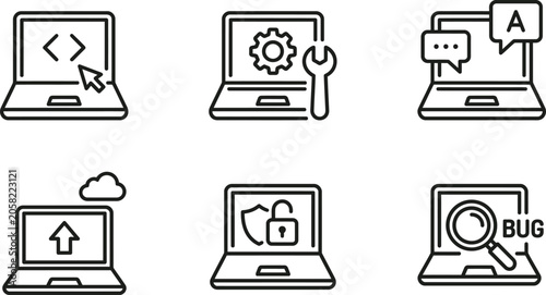 Laptops with Various Icons Representing Coding, Maintenance, Communication, Cloud Storage, Security, and Search Functionality